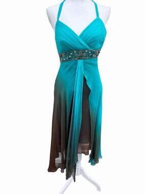 Sue Wong Silk Teal Ombre Beaded Halter Dress Size 0 Fairycore Formal MIDI Y2K